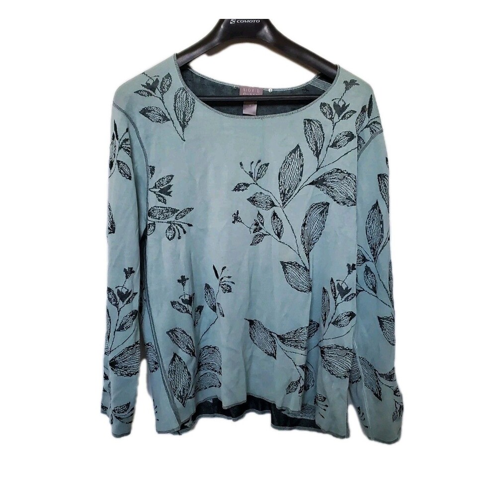 Sigrid Olsen XL Green Floral Leaf Silk Blend Sweater Cottagecore Forest Fairy